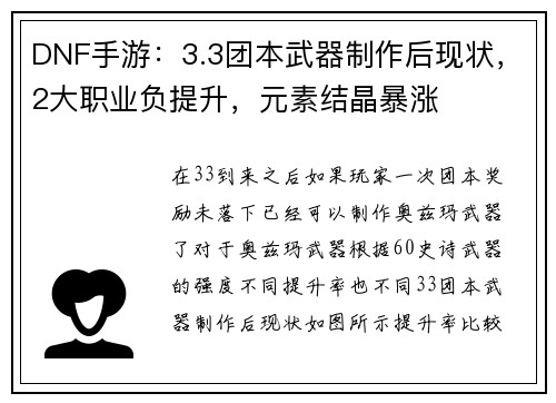 DNF手游：3.3团本武器制作后现状，2大职业负提升，元素结晶暴涨