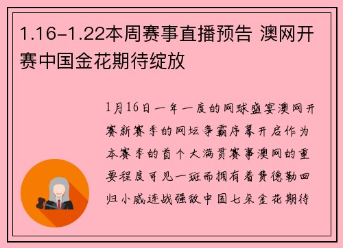 1.16-1.22本周赛事直播预告 澳网开赛中国金花期待绽放