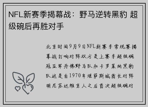 NFL新赛季揭幕战：野马逆转黑豹 超级碗后再胜对手
