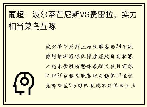 葡超：波尔蒂芒尼斯VS费雷拉，实力相当菜鸟互啄