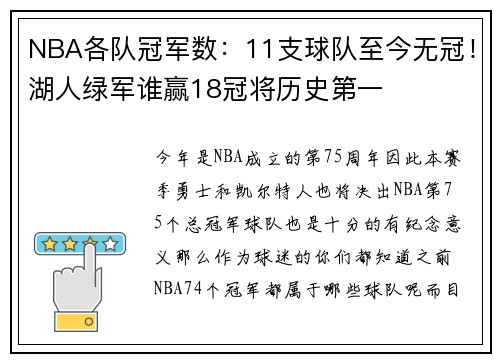 NBA各队冠军数：11支球队至今无冠！湖人绿军谁赢18冠将历史第一